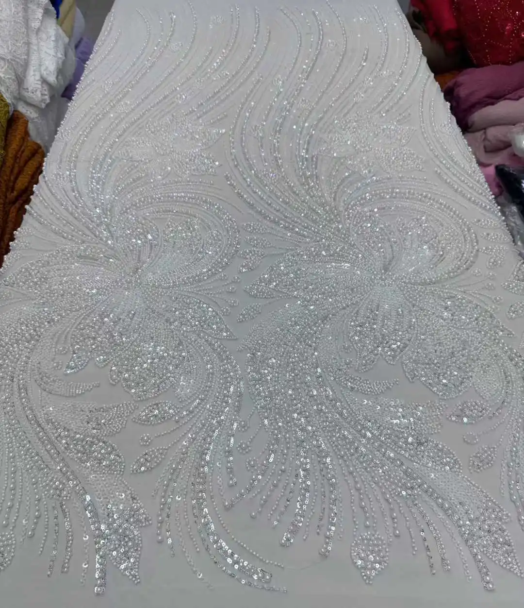 

White Nigerian Sequin Beaded Lace Fabric 2026 High-Quality French Tulle Sequin Lace Fabric Bridal Wedding Dress Fabric 5Yards