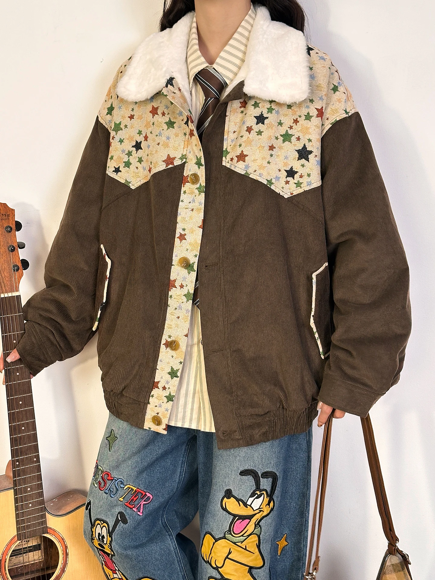 

Утепленная хлопковая куртка женская зимняя с вышивкой звездами, вельветовая верхняя одежда в уличном стиле, свободный крой, длинный рукав, на молнии