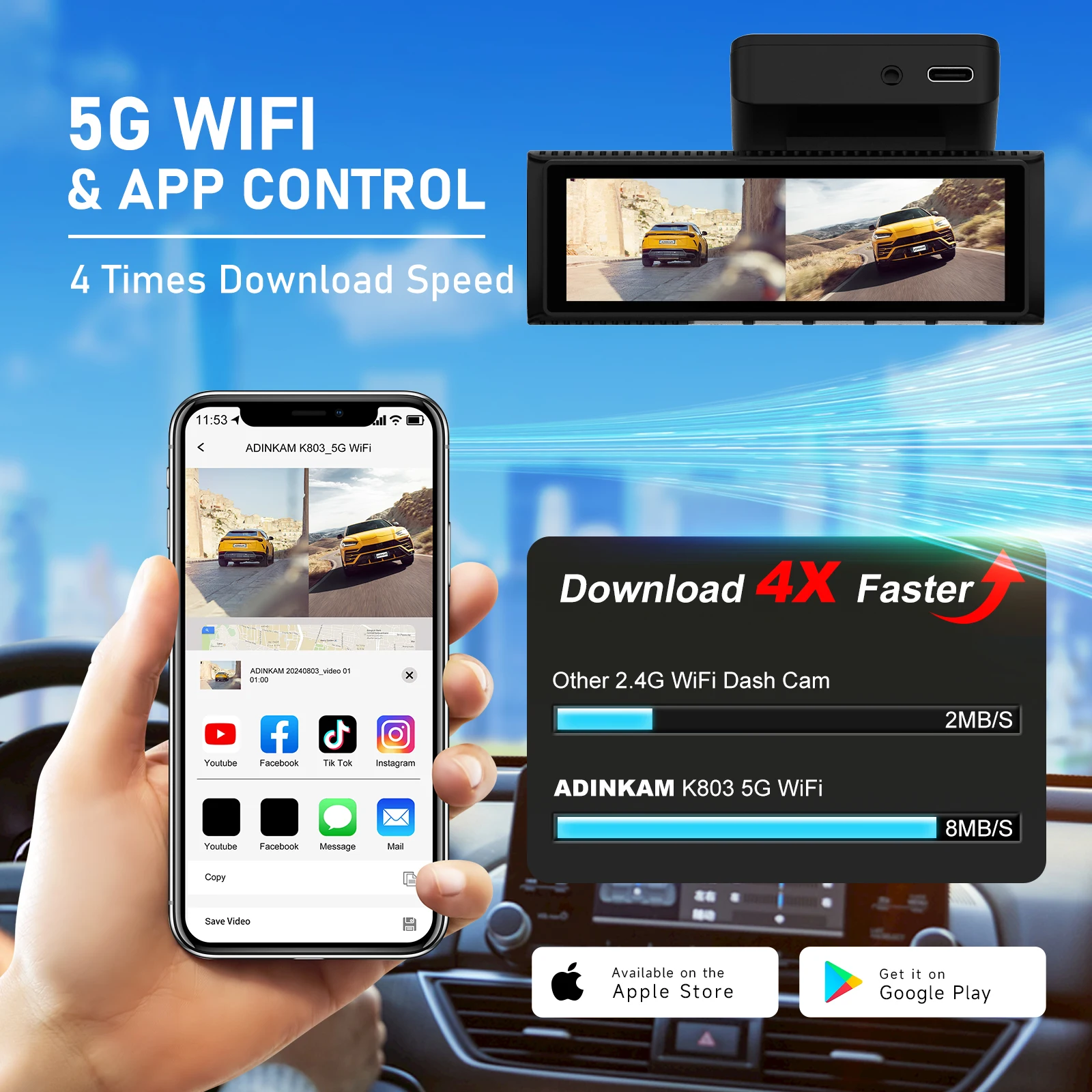 Adinkam 4K for Car Camera Dash Night Vision with Wifi APP Control GPS Dash Cam Car DVR G-sensor 4K Front and 2K Rear Dual Lens