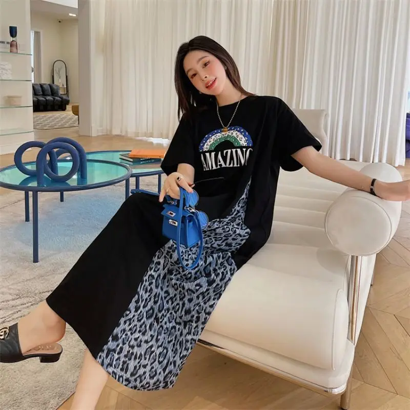 T-shirt femme grande taille Maxi Dr imprimé léopard coupe ample ort Sve rond Ne A-Line Silhouette été Faion coréen...