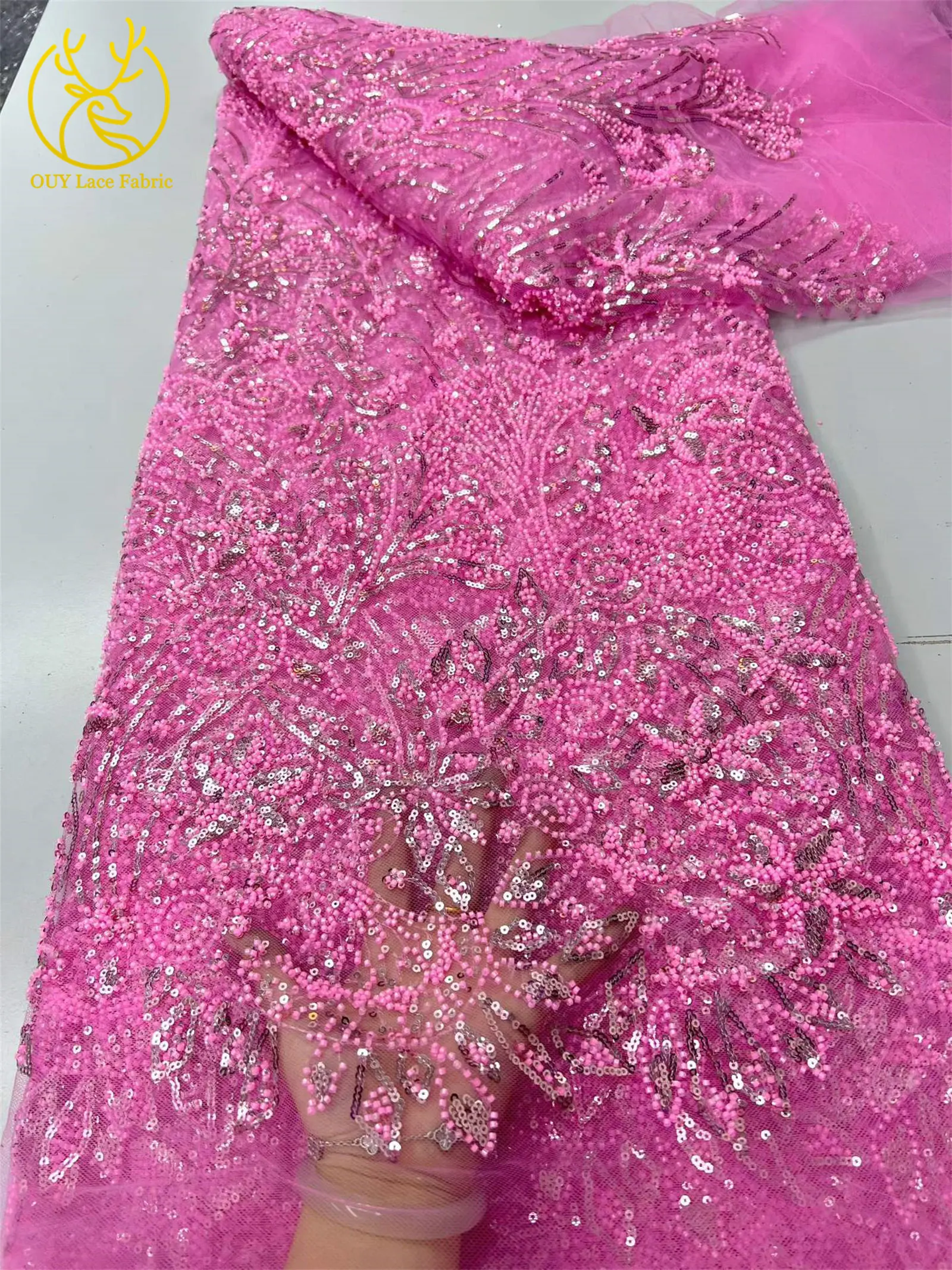 Grüner eleganter afrikanischer Perlen-Pailletten-Spitzenstoff, 5 Yards, hochwertige nigerianische Mesh-Tüllspitze für Damen, Abschlussball, Partykleid, Nähen – Detail 7