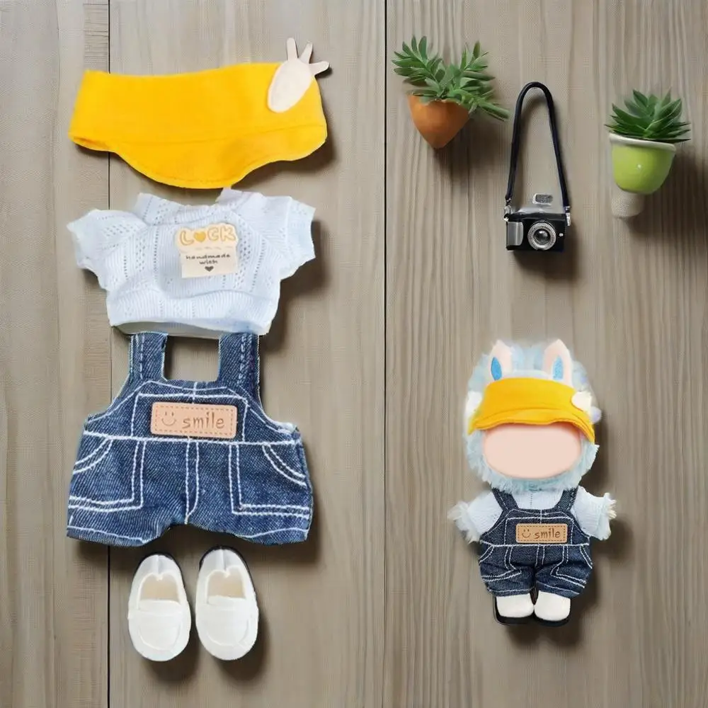 

17cm Clothes For Labubu Cute Mini Doll Plush Bib Hat Set Accessories Korean Sitting Idol Party Doll Bodysuit DIY Costume