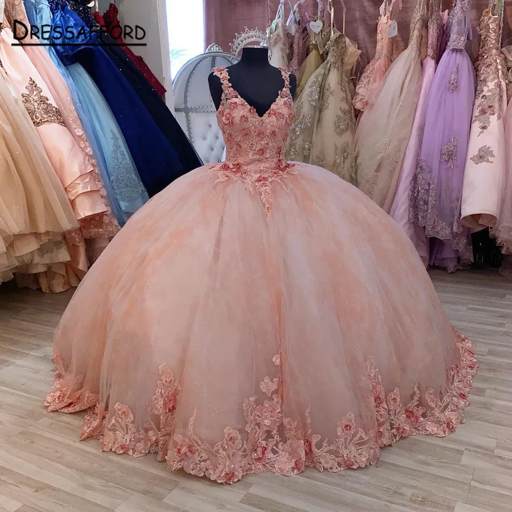 Pink Quinceanera Dresses Ball Gown Off Shoulder 3D Rose Flowers Puffy Sweet 16 Dress Celebrity Party Gowns Graduation