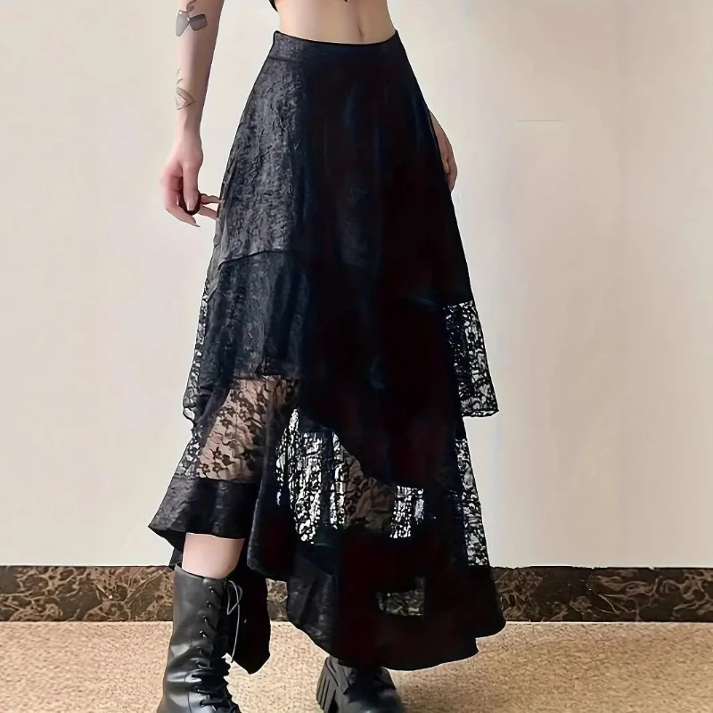 Gothic Vintage Black Midi Skirt Aesthetics Y2k Lace Irregular Skirt French Style Elegant Casual Skirt Design Chic Woman Clothes