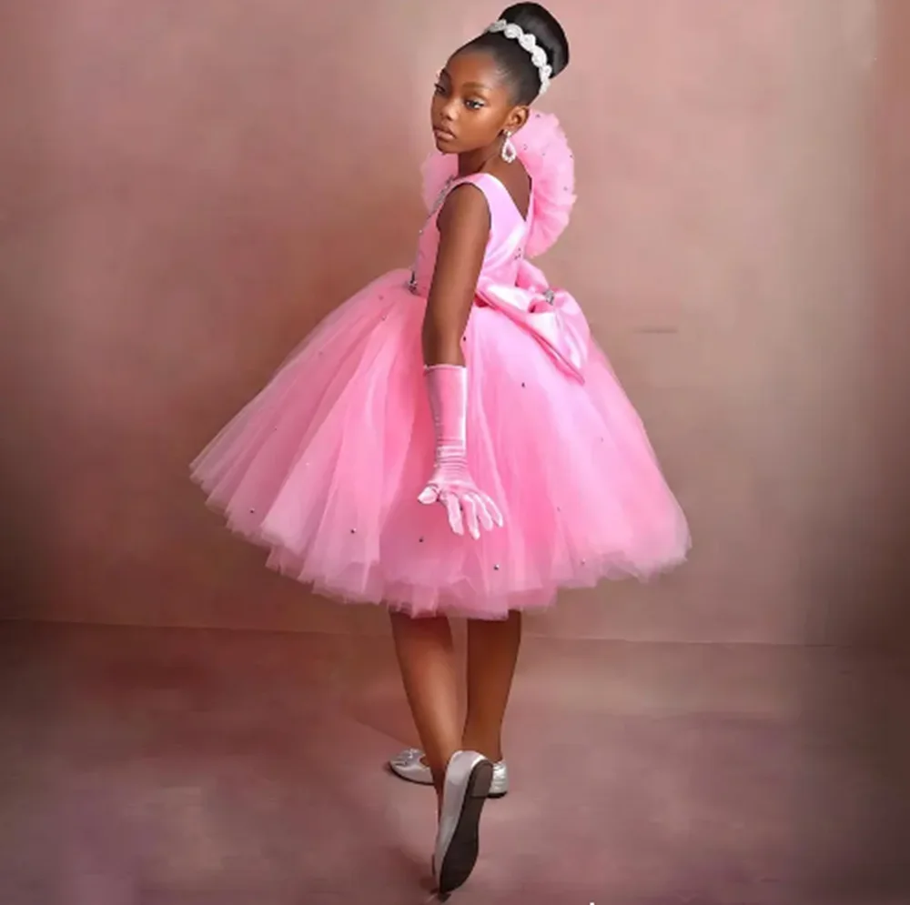 فساتين فتاة الزهور المخصصة لحفلات الزفاف مزينة باللؤلؤ بدون أكمام بطول الركبة للأطفال وحفلات أعياد الميلاد الأولى #3