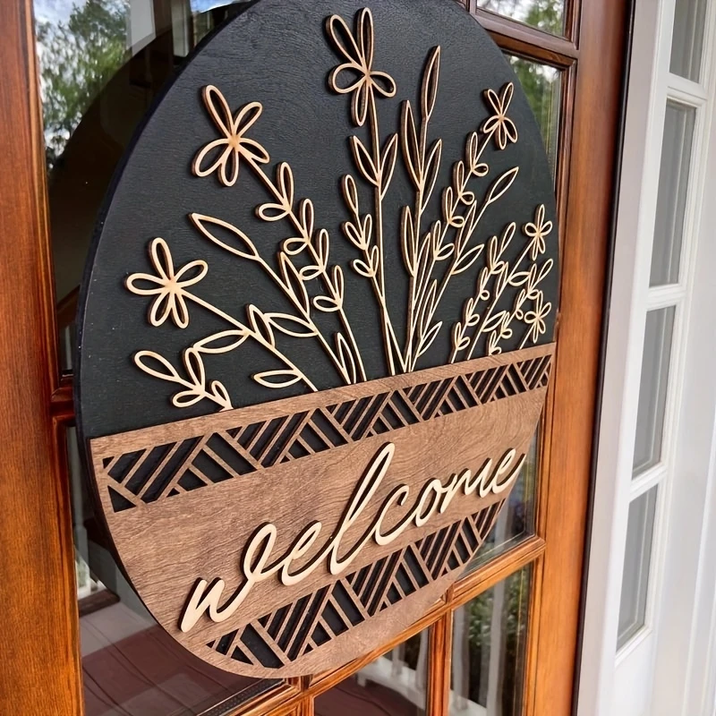 8in Wooden Circular Welcome Sign with Floral Butterfly Design Color Printed 2D Signboard DoorplateCanteen Coffee Shop Decor Gift