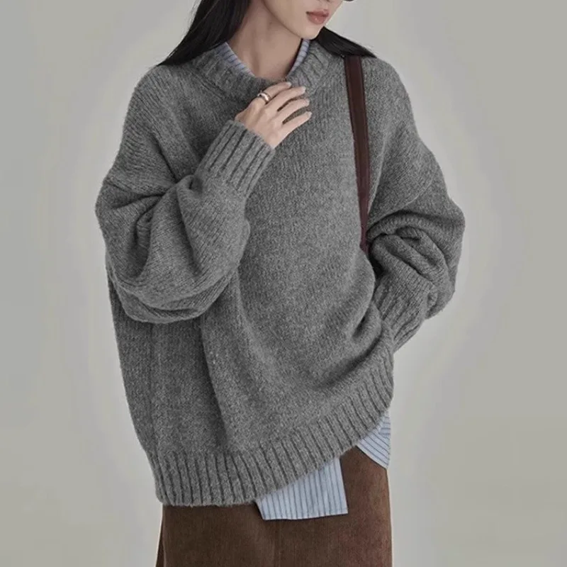 Casual Loose Warm Thick Knit Sweater Hoodie Winter Women Pullover New O-neck Long Sleeve Solid Retro Outerwear Bottoming Sweater