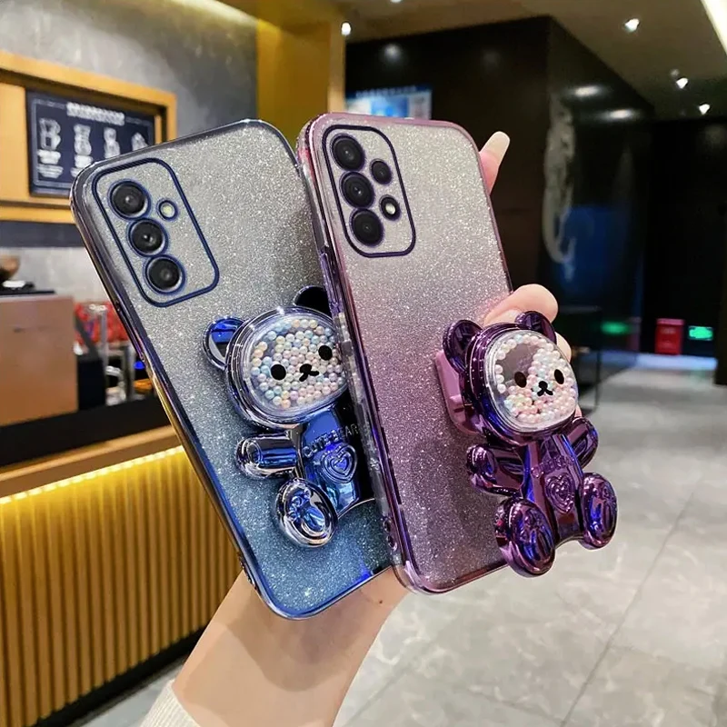 6D Cute Bear Holder Bracket Glitter Plating Case On For Samsung Galaxy M13 M14 M54 M23 M30S M53 M52 M51 M33 M12 F13 F23 Cover