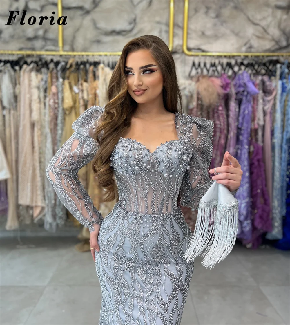 New Arrival Szare suknie wieczorowe z długimi rękawami Ręcznie robione suknie ślubne z cekinami dla kobiet Robes De Soiree Dubai Prom