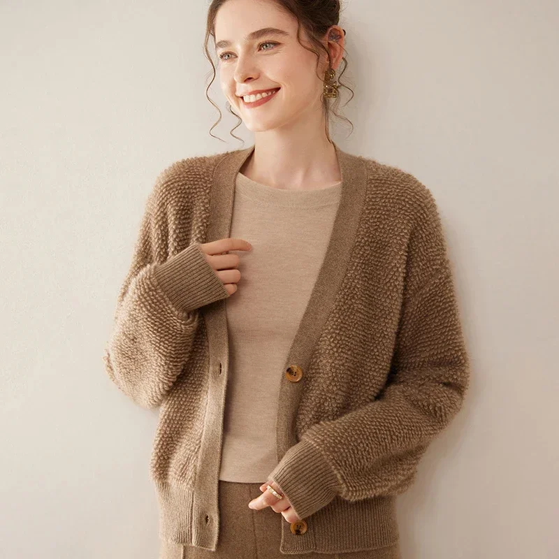 WinvyNee Women Cashmere Wool Cardigans Sweater Solid Casual Warm V Neck Loose Outerwear Tops 2024 Odzież Zimowa Płaszcze B 1054026