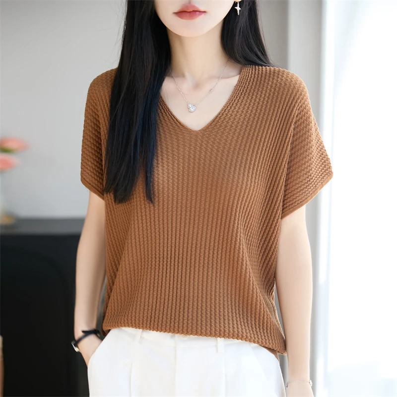 Summer New Women's Short Sleeve Solid Color V-neck Knitted Lyocell T-shirt Basic Women's Pullover Short Sleeve Fashion Hot Sale