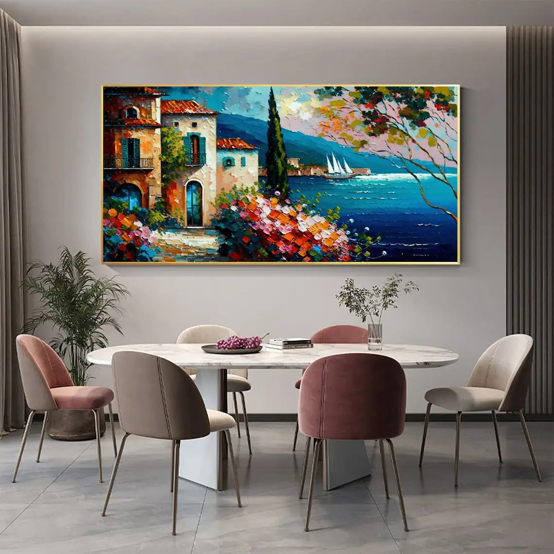 Mediterranean Landscape Custom Oil Painting Hand Painted On Canvas Large Wall Art Abstract Blue Sea Decor Living Room Home Decor