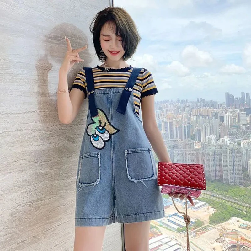 

Women's Summer Stripe ort Sve Denim Overalls Wide Leg ort Pants Two-Piece Set Korean Sle Loose Fit Student Faion