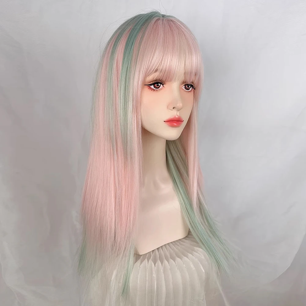 VICWIG Long Straight Pink Green Blend Synthetic Wig Middle Part Lolita Cosplay Fluffy Hair Heat Resistant Wig for Daily Party