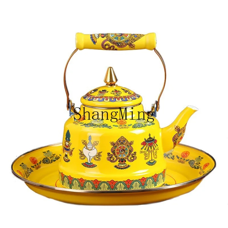 

CL Tibetan butter teapot Xizang ethnic style tea set eight auspicious household tea kettle butter tea lift beam enamel teapot