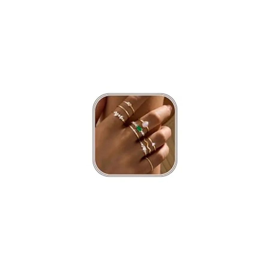 

Fansilver PCS Stackable Gold Rings for Women Non Tarnish, 14K Gold Plated Dainty Cubic Zirconia Ring Set, Opal Emerald Heart St