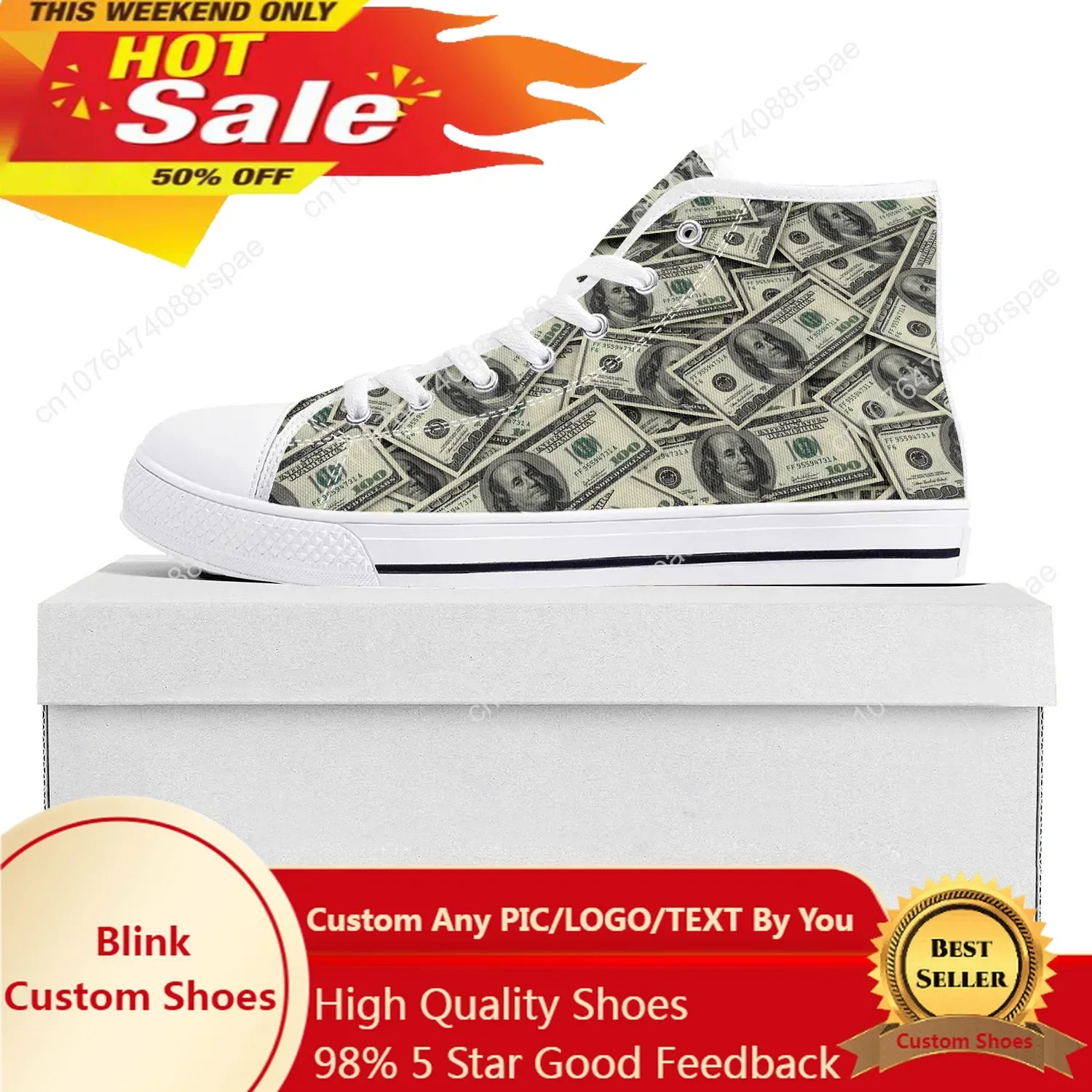 

Dollar Printed Popular High Top High Quality Sneakers Mens Womens Teenager Canvas Sneaker Casual Couple Shoes Custom Shoe White