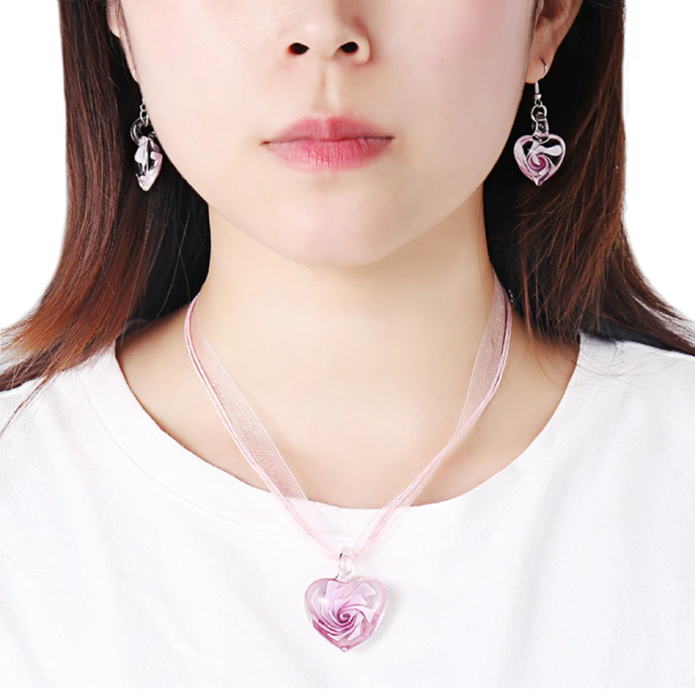 Kitykiss Women's Glass Flower Earrings Inlaid with Spiral Flower Heart Pendant Ribbon Necklace