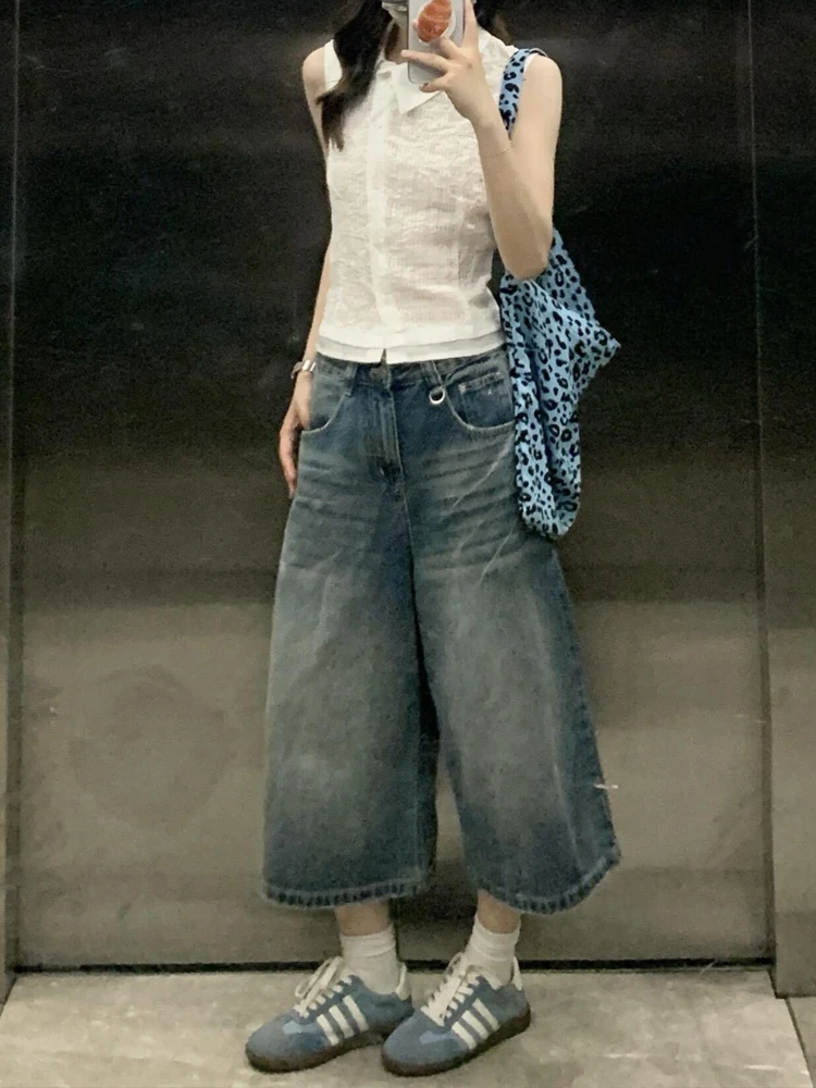 Sweet Cool Spicy American Style High Waist Wide Leg Jeans Shorts Women Summer New Design Loose Fit Fashionable Denim Shorts