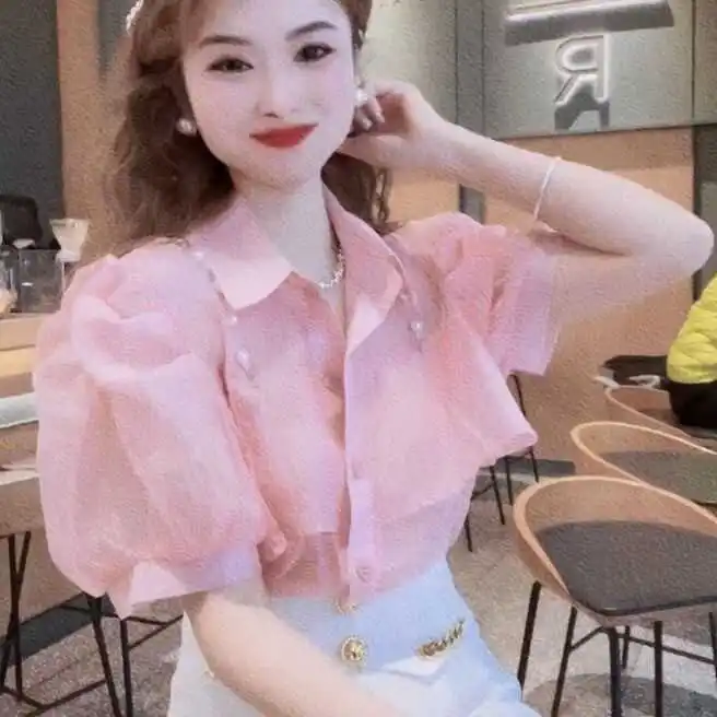 

Faionable Chiffon ort Sve Bubble Sve irt, женский летний новый универсальный уникальный топ, корейский свободный воротник