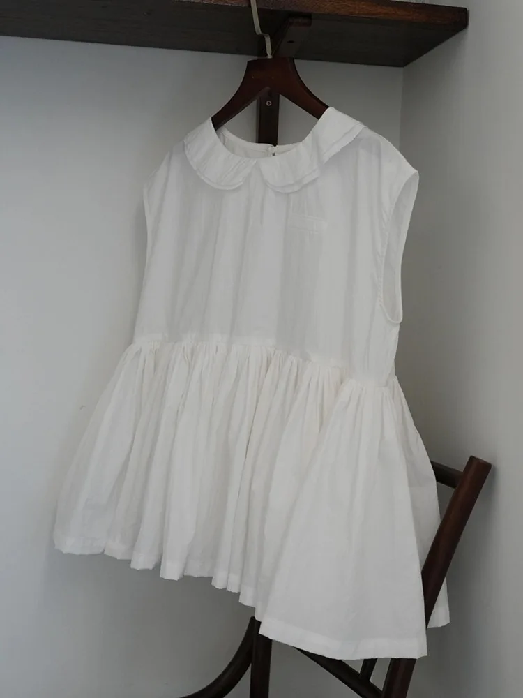 Fashion Preppy Style French Peter Pan Collar Sleeveless Camis Simple Solid Loose High Street Women Clothes Summer Pleated Vest