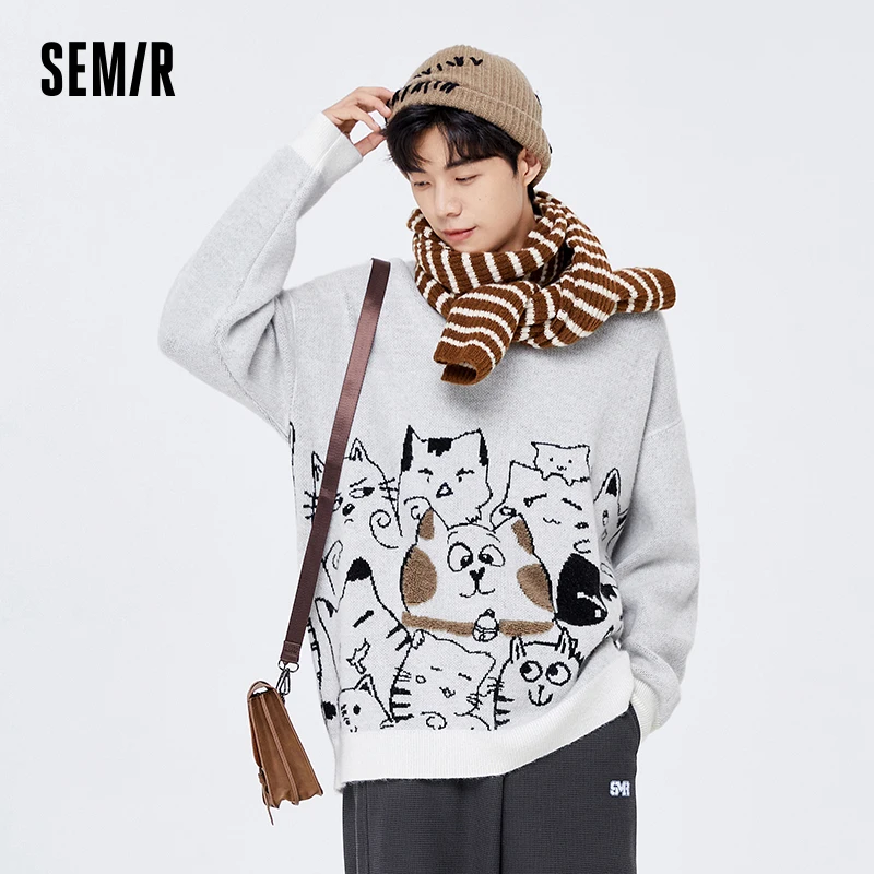 Semir เสื้อสเวตเตอร์2024ใหม่สำหรับผู้ชาย, เสื้อคอกลมเปิดไหล่ฉบับภาษาเกาหลีแมวทันสมัยทรงหลวมเสื้อกันหนาวแบบถักฤดูหนาว