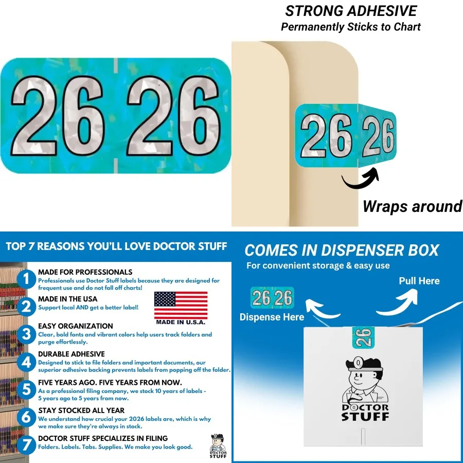 2026 Year Stickers Doctor Stuff Holographic Aqua Colored USA Made Year Labels for End Tab File Folders 500 Labels per Roll 3/4
