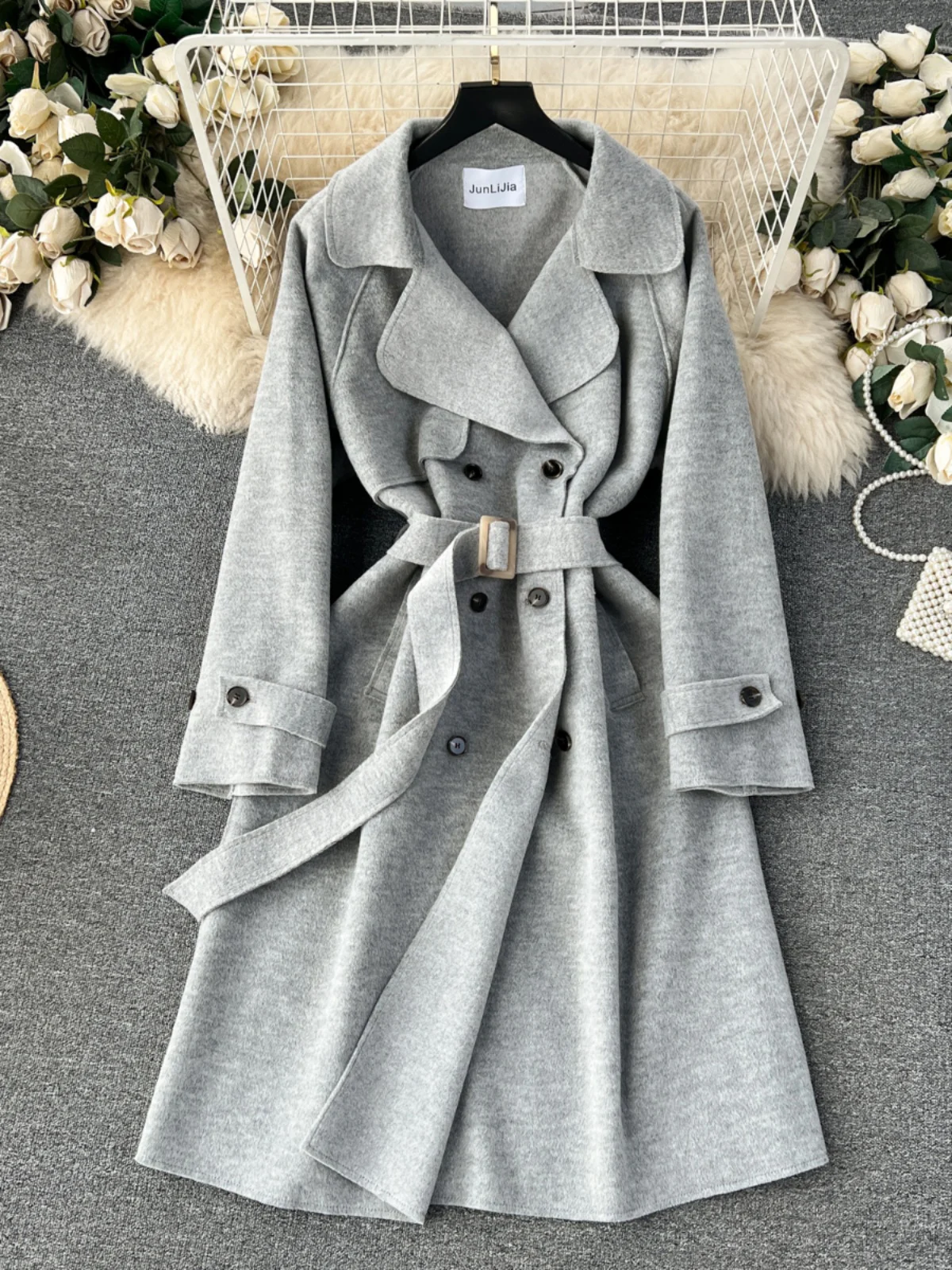 

Windbreaker Coat for Women Spring Autumn High-end Simple Solid British Style Double Breasted Slim Fit Mid-Length Woolen Coats