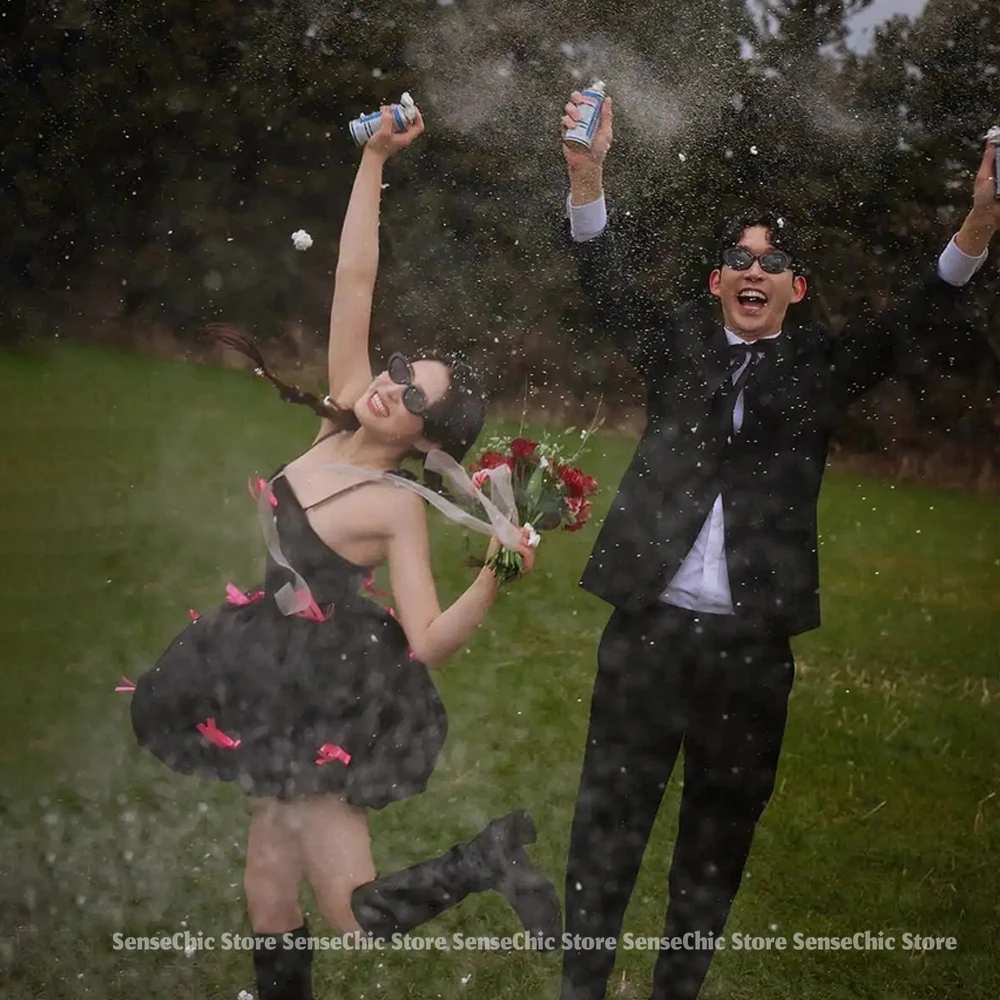 Gaun Malam Mini Hitam Sederhana Gaun Ulang Tahun Formal Elegan Tali Spaghetti Satin Pemotretan Busur Merah Muda Korea Wanita Disesuaikan