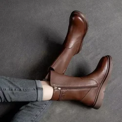 2025 New Women's Boots Biker Shoes for Women Zipper Leather Ankle Boots Brown Mid-Calf Winter Boots Trend Ladies Cotton Footwear