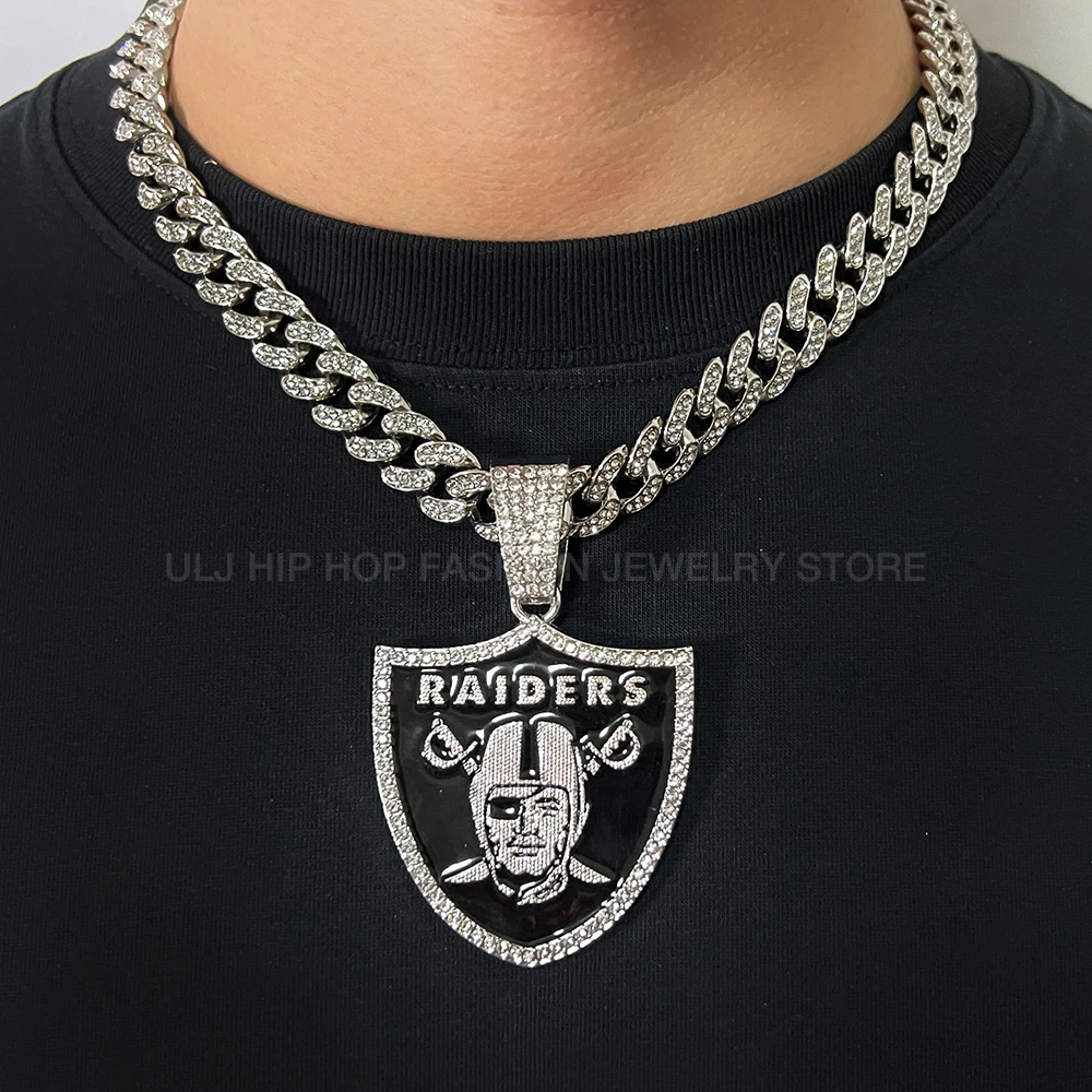 Purcolasia Hip Hop Iced Out  Footdbal Raiders Pendant With Cuban Chain Necklaces Fashion Punk Jewelry