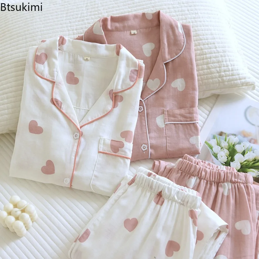 100% Cotton Gauze Pajamas for Women Love Heart Print Sweety Sleepwear 2026 Spring Autumn Nightwear 2 Piece Sets Women Loungewear