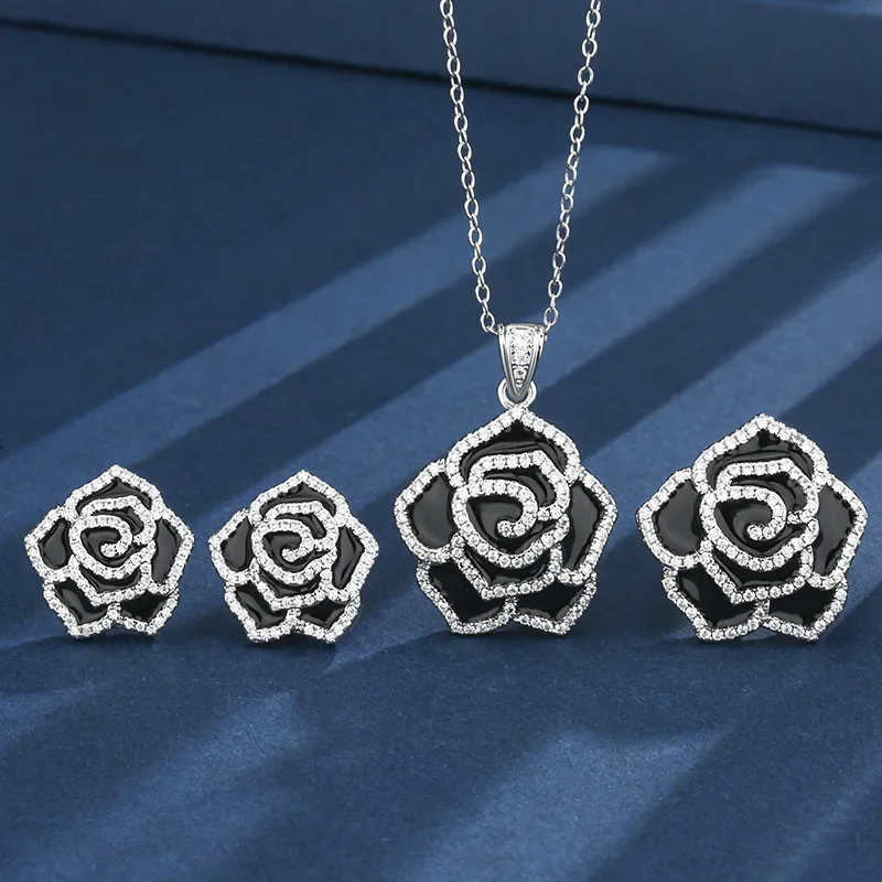 Elegant Black and Silver Rose Flower Jewelry Pendant Necklace Adjustable Rings Earrings Timeless and Chic for Women Jewelry Gift