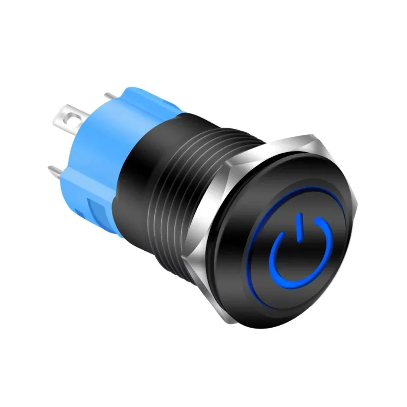5A High‑Head Black Metal 12V 24V 12mm Latching Push Button Switch ON/OFF Blue LED 1NO1NC Screw Terminal