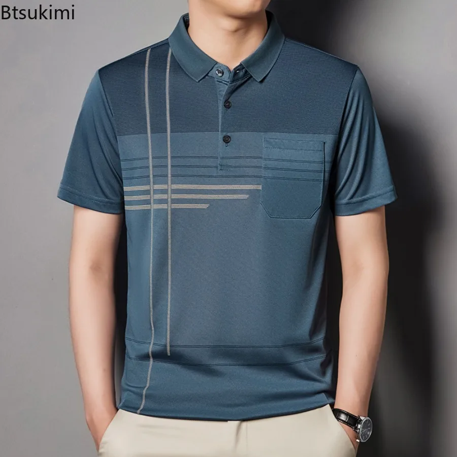

Summer New Men's Striped Polo Shirts Pocket Button Up Casual Short Sleeve T-shirts Comfortable Breathable Pure Cotton Tops Male