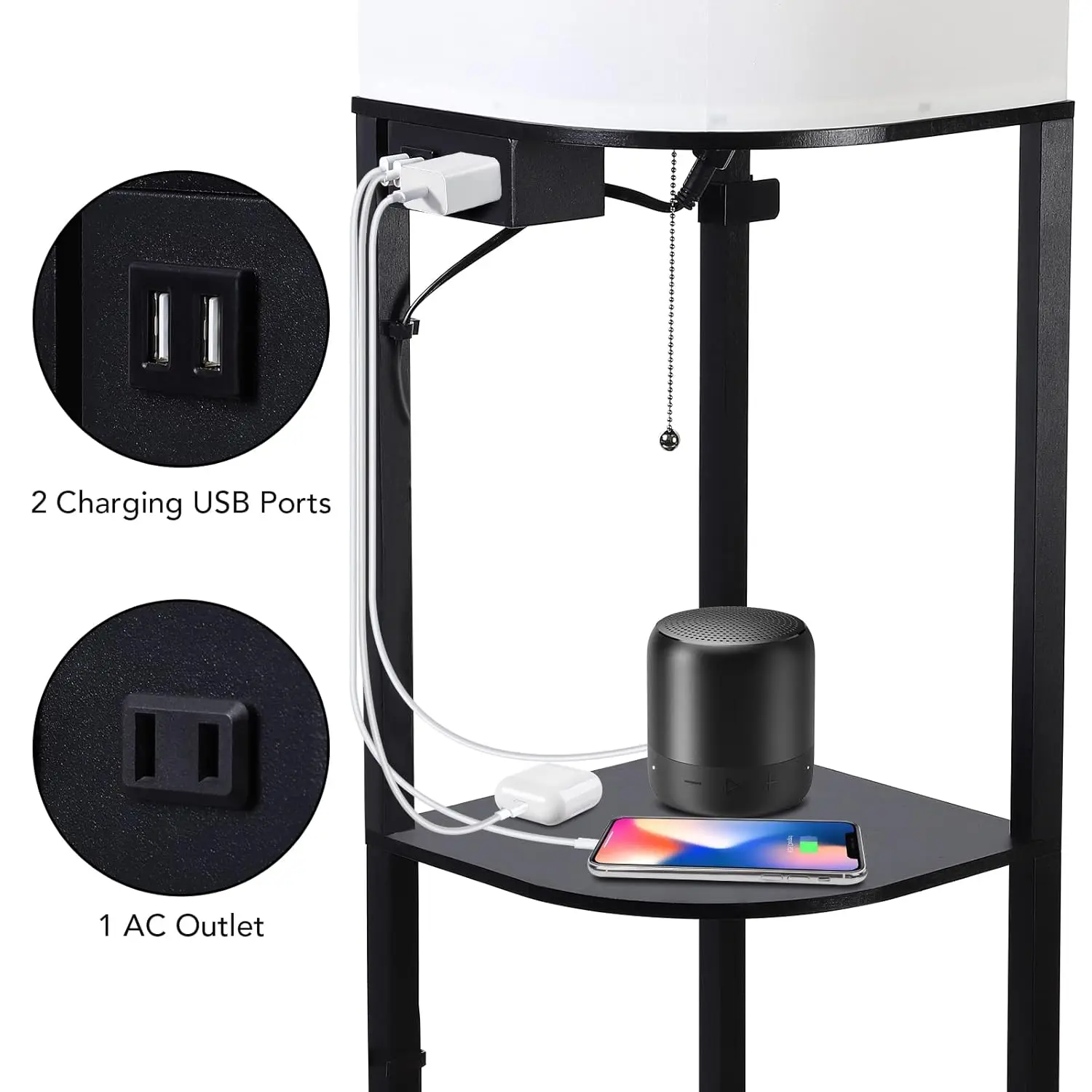 Lámpara de pie de estante RGB inteligente con 2 puertos USB y 1 toma de corriente, pantalla moderna, lámpara de pie de estante de esquina de sector de 3 niveles, bombilla RGB
