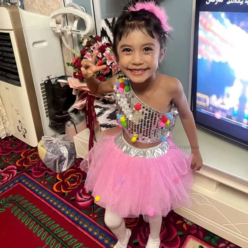 Детский костюм для выступлений, джазовый танец, пышная юбка принцессы, танцевальный фестивальный костюм для детского сада с головным убором