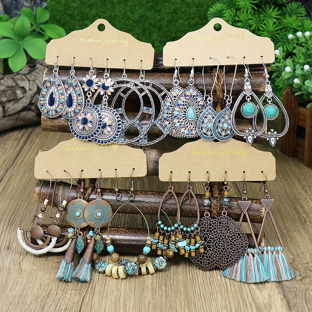 Boho Women Earrings Set Multi Pieces Set Vintage Style Geometric Shape Beads Flowing Tassel Design Party Decor