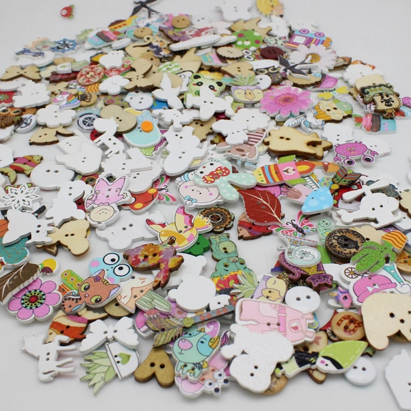 50pcs 2 Holes Assorted Random Mix white background Round and Animals Pattern Cartoons Wood Sewing buttons decorative zmk-0001