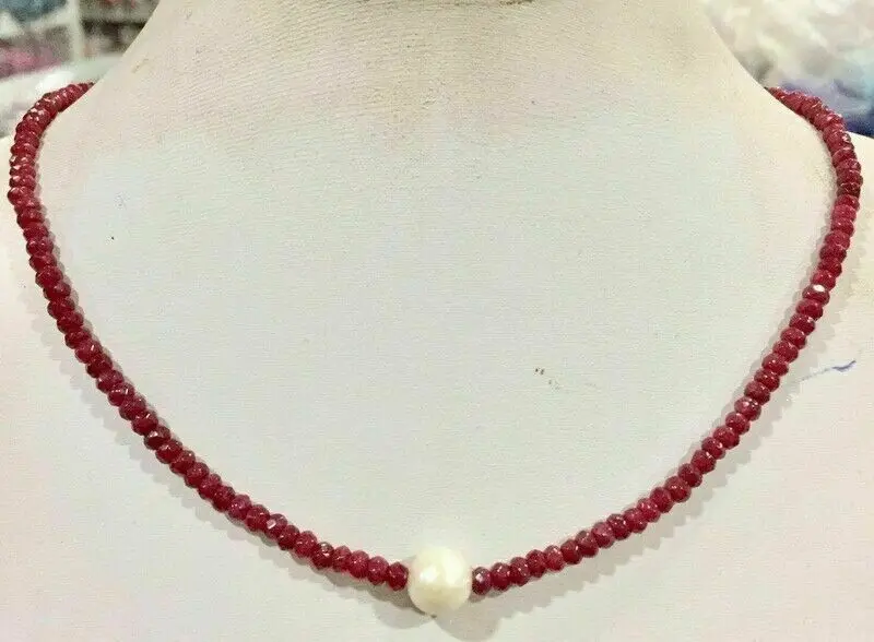 2x4mm Faceted Roundel Red Ruby 9-10mm White Pearl Gems Beads Necklace 18