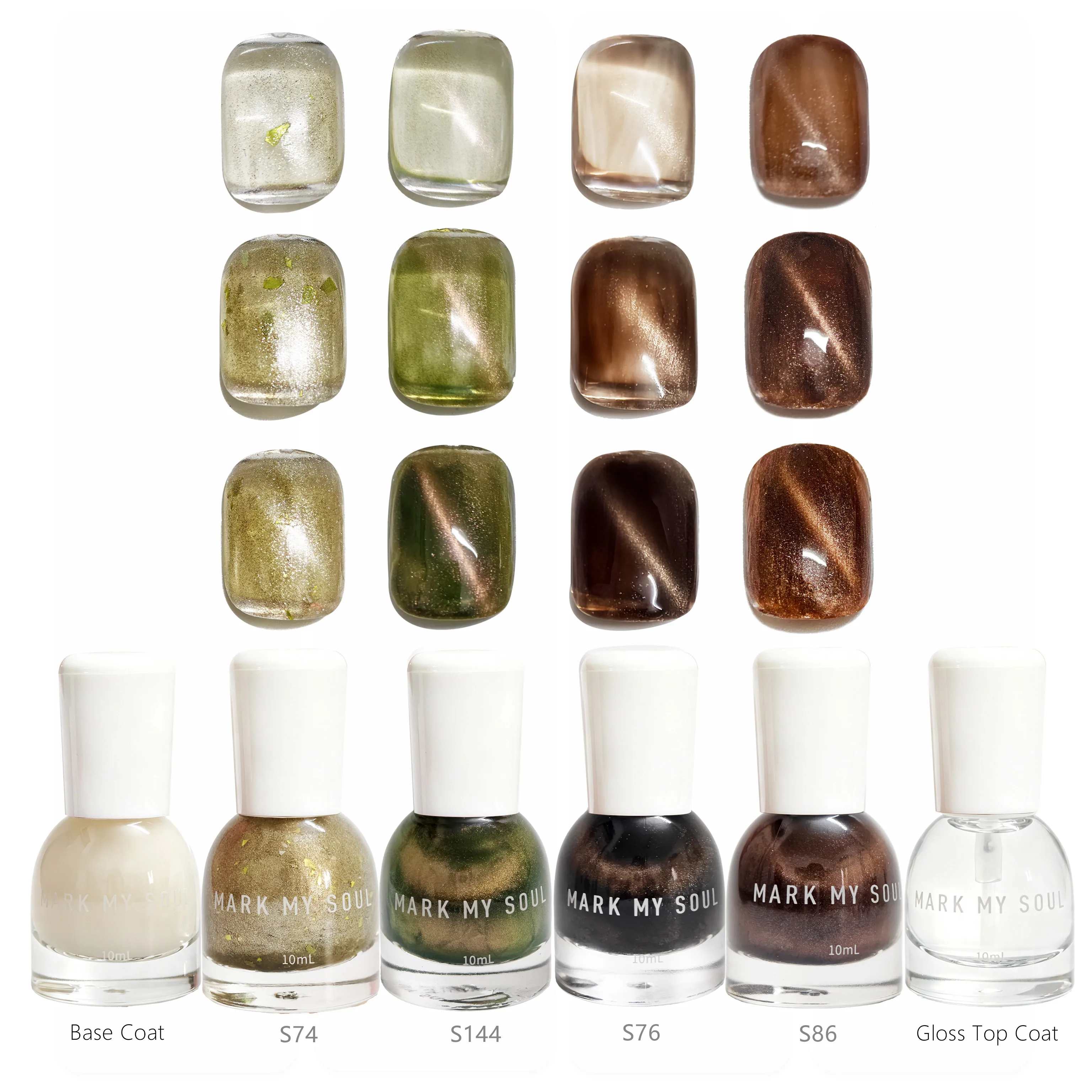 6 Pieces Gilded Shimmer Cat Eye, MARK MY SOUL No UV Lamp Cat Eye Nail Polish Set, 4 Cat Eye Polishes S144/S86/S74/S76 + MS04 Bas