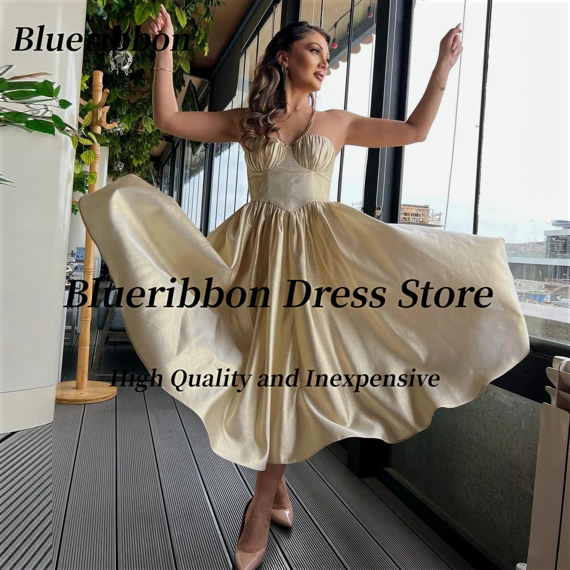 

Blueribbon Sweetheart Halter Neck Prom Dresses Ruched Ankle Length Birthday Party Dress for Girls Homecoming Graduation Gowns