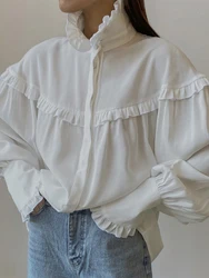 Spring Autumn 2024 Loose White Shirt Women Blouse Solid Turn-down Collar Ruffled Lantern Long Sleeve Vintage Elegant 48905