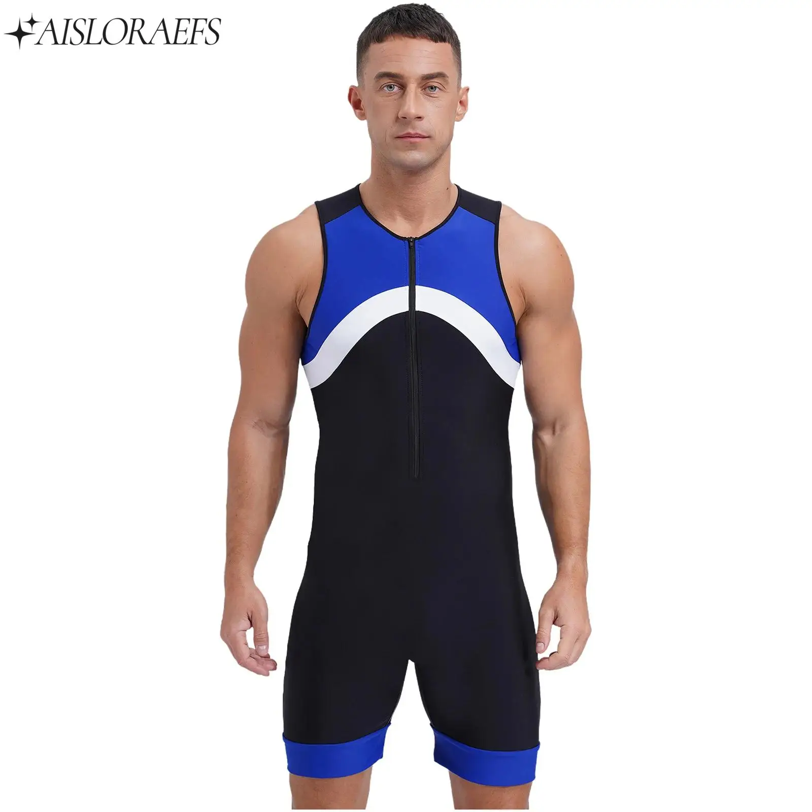 

Mens Athletic One Piece Swimsuit Zipper Shorty Wetsuit UPF 50+ Patchwork Swimwear Surfing Diving Suit Bathing Suit Sunsuit