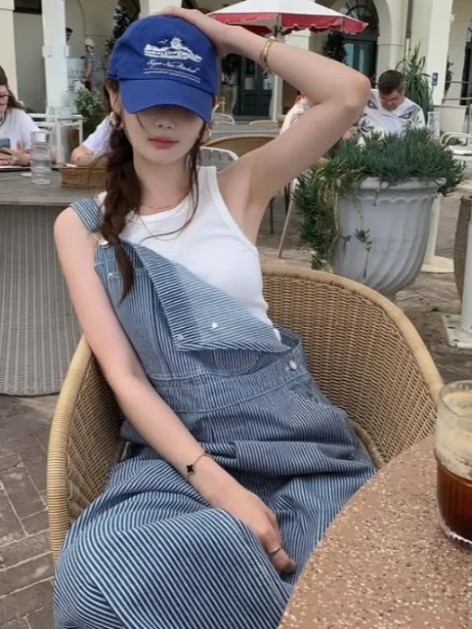 

Chic Summer Vintage Hong Kong Sle Loose Wide ket Striped Denim Overalls Straight Leg Long Pants Women's Faion