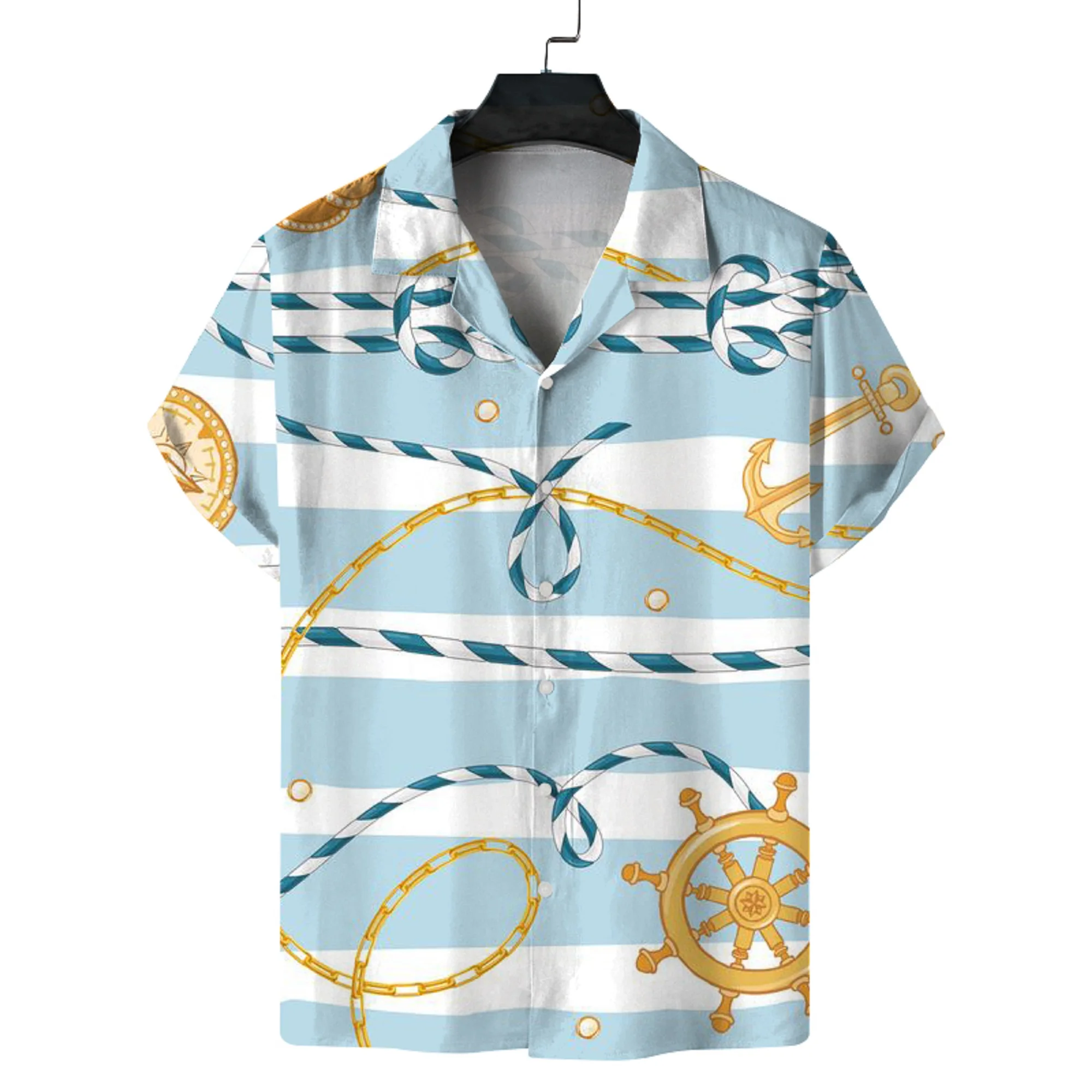 

Men's Summer Cuban Collar Short Sleeve Shirt Navy Nautical Style Printing Casual Comfortable Versatile