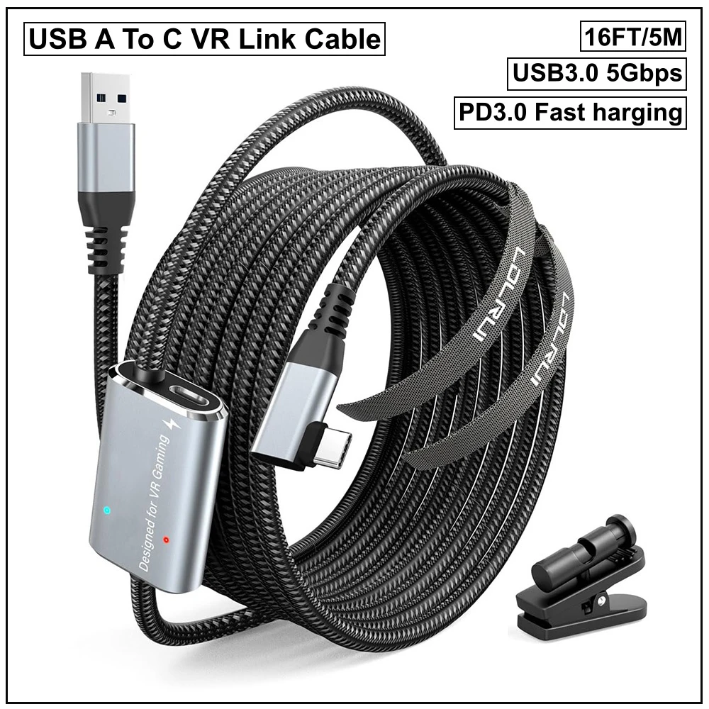 5m VR Link Cable With Clip PD3.0 Fast Charging USB 3.0 to USB C Cable Data 5Gbps For Meta Quest 3/2/Pro Pico 4 Steam VR PC