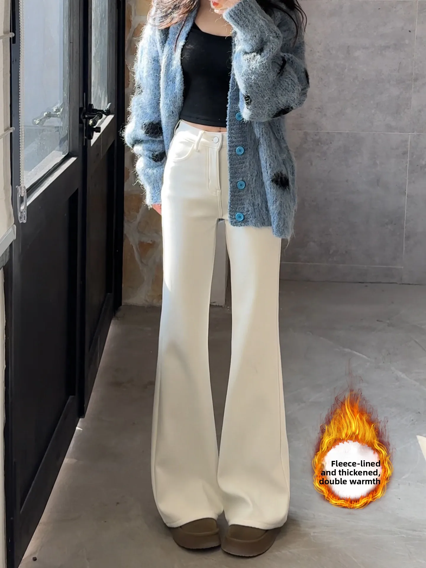

White Fleece Lined Flared Jeans Women's Autumn Winter New plus Size High Waist Slim Fit Super Cute Pants Casual Style Washed