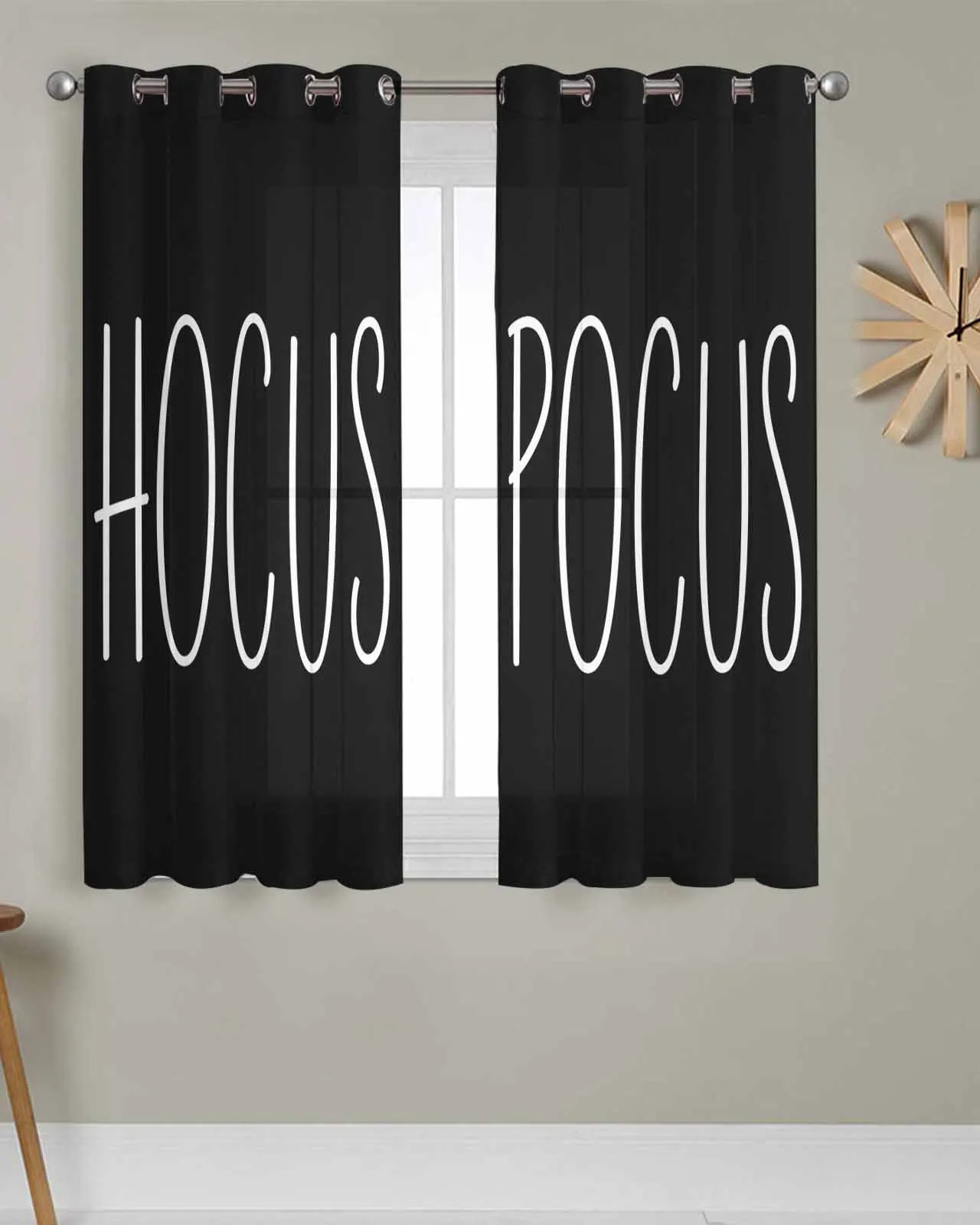 

2pcs/set Tulle Window Curtains Halloween Hocus Pocus Text for Living Room Bedroom Transparent Chiffon Sheer Voile Window Curtain