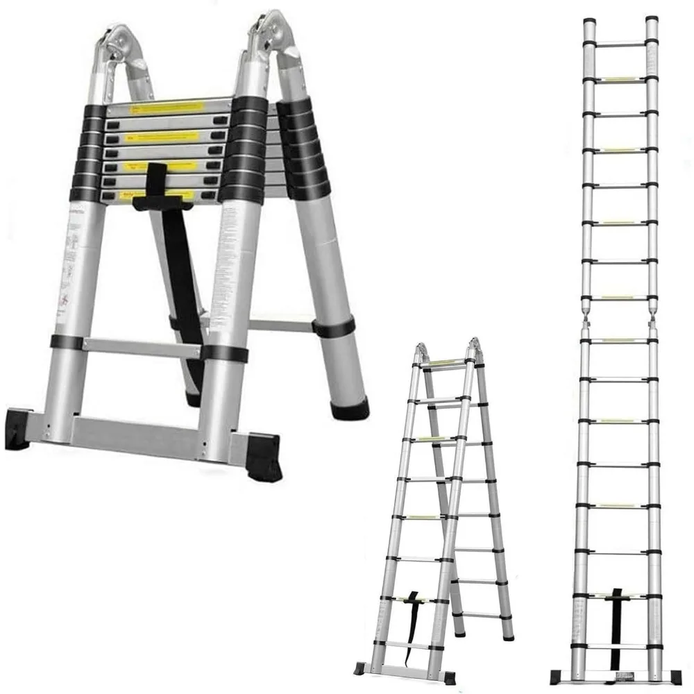

Telescoping Ladder 16 FT A Frame Aluminum Extension Ladder, Lightweight RV Ladder with Stabilizer Bar, Multi-Purpose Collapsible
